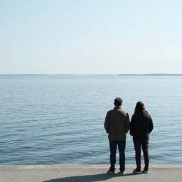 a couple of people standing next to a body of water, a stock photo by Mikoláš Aleš, shutterstock contest winner, portraiture, 2016