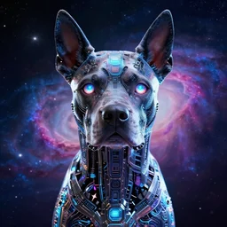 symmetric! portrait of a cyborg dog, glowing eyes, intricate detailed, background outer space nebula, luminescent digital art by paul barson and artgerm, 8 k hdr