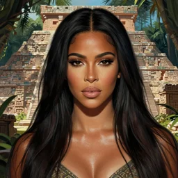 detailed portrait of kim kardashian in mayan pyramid jungle ruins illustrated by georges bess, moebius, fred beltran, valentin secher, niko henrichon
