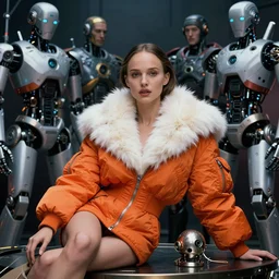 beautiful fantasy character portrait, natalie portman, wearing orange puffy bomber jacket with white fur, seductive reclining pose, futuristic robots, ultra realistic, dramatic lighting, robots, the fifth element artifacts, highly detailed by peter mohrbacher, hajime sorayama, wayne barlowe, boris vallejo, aaron horkey, gaston bussiere, craig mullins