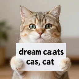 realistic high quality photo of a cute cat holding a sign with text that reads : dream caaats, cas, cat