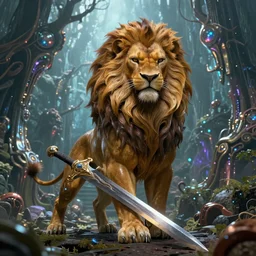 intricate Lion-O from Thundercats, with sword, on the background of a weird magical mechanical forest. Very detailed 8k. Fantasy. Sharp. Cinematic post-processing
