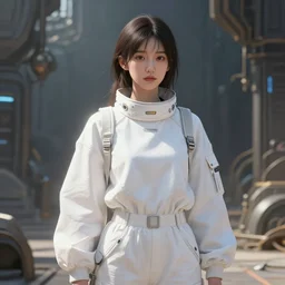 a portrait painting of a young female wearing a relaxed futuristic white space outfit, wenjun lin, unreal engine 5 highly rendered, global illumination, radiant light, detailed and intricate environment