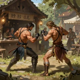 free for all fight, brawl, outside a tavern. intricate, elegant, highly detailed, digital painting, artstation, concept art, sharp focus, illustration, by justin gerard and artgerm, 8 k