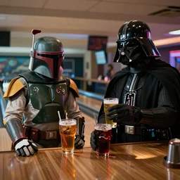 boba fett and earth vader drinking at a bowling alley bar in the movie the big lebowski