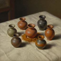 a painting of small pots disposed on a beautiful fabric containing tobacco snuff powder, matte painting, by christophe vacher