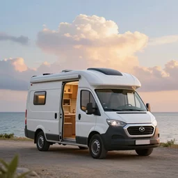 beautiful cute cozy very little camper van by the water, sunset, puffy cute clouds, cute simple cartoon, vector, white background, watercolor, 4 colors!!!