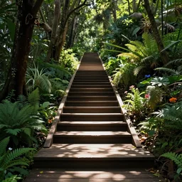 stairway made of wood, trees, vegetations, flowers, natural