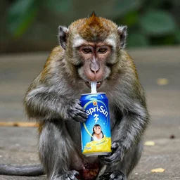 A monkey drinking capri-sun