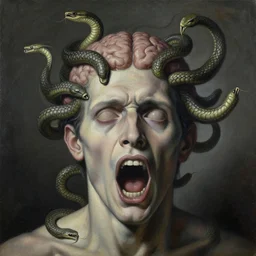 a painting of a decapitated screaming man's face with serpents swarming out of his brain, a surrealist painting, polycount, surrealism, surrealist, lovecraftian, cosmic horror
