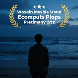 A film still of a silhouetted figure facing towards the ocean, low-key blue lighting, dusk, beach setting, establishing shot
