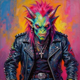 a portrait of an apocalyptic demonic orc goblin biker character, psychedelic vibrant colors, punk rock fashion, oil painting by michael whelan art, 8 0 s hair, studded leather jacket