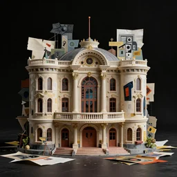 rendered in blender beautiful theater building, dadaism, black background, collage paper and tape, acrylic on canvas, high resolution, cinematic, unreal 6, breathtaking detailed, by ozdemir altan