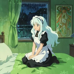a girl in a maid's outfit in the bedroom a night, raining outside the window, green theme, wavy white long hair, by krenz cushart and mucha and akihito yoshida and greg rutkowski and makoto shinkai, 4 k resolution