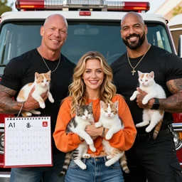 orange cassidy and triple H with an armful of kittens posing for a fireman’s calendar
