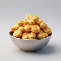 chicken nuggets made of solid gold, inside a metal bowl, art sculpture, studio photo