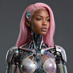 portrait of a beautiful dark skinned woman with pink hair as a cyberpunk cyborg half robot, revealing wires and electronics, hooked - up, sci - fi, missing panels, intricate abstract upper body intricate artwork, concept art, octane render, deviantart, cinematic, key art, hyperrealism, iridescent accents, portrait photograph, nikon 3 5 mm, photograph by greg rutkowski