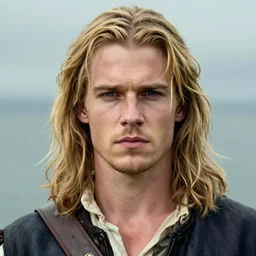 photo portrait of a rugged irish pirate, young adult, medium blonde hair and clean shaven face, faded blue vest, charismatic face, rugged and dirty, cinematic lighting at sundawn, movie color grading