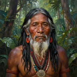 a beautiful painting portrait of a very old indigenous grand - father in the amazon jungle matte painting fantasy art ayahuasca highly detailed