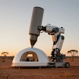 robot with giant extrusion nozzle printing a domed house in the australian desert,  XF IQ4, 150MP, 50mm, F1.4, ISO 200, 1/160s, dawn