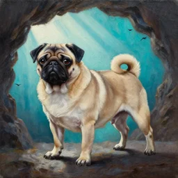 textured full body of muscular pug dog  with backlight , sun rays , big shadows, small bird sihouettes  in cyan background , very textured detailed  panoramic oil painting by oil painting masters, hard backlight , in dark cave