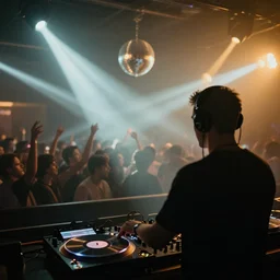 a award winning photograph of a dj on stage spinning records with headphones looking over crowd partying with their hands up at a club, haze, moving heads light beams, spot lights, disco ball, silhouette