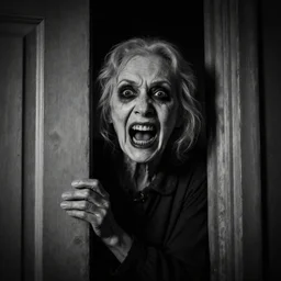 portrait of a creepy old lady screaming creeping out of a door, morbid, macabre, dark lighting, highly detailed, decay teeth, black and white gainy film, vignette, matte painting by maxim verehin