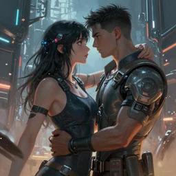 an epic fantastic realism comic book style painting of love, cyberpunk, concept art, unreal 5, octane render, dynamic lighting