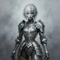 by Tom Bagshaw, ultra realist soft painting of anime universe of curiosities, single female ghost mutation wearing a full gothic armor, partial symmetry accurate features, very intricate details, focus, curvy, award winning, ultra dense fog