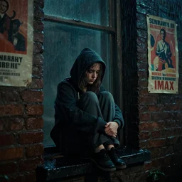at night, sadie sink in hoodie sits on windowsill, knees tucked in | rain falls, old brick wall with ussr propaganda posters : imax film, anamorphic, single long shot from schindler's list by steven spielberg. cyberpunk, cinematic atmosphere, detailed face, perfect anatomy