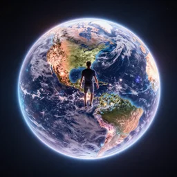 extremely detailed photo art of a man just landed on future glowing colorful planet by Greg Rutswoski, concept art, 8K detail post-processing