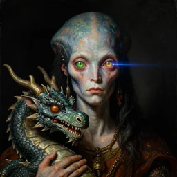 a baroque close - up portrait of a cosmic fantasy alien cyborg shaman god wearing facepaint and a colorful laser eyes, holding a dragon. black background. studio lighting, big eyes. highly detailed science fiction fantasy painting by norman rockwell, moebius, frank frazetta, syd mead, and sandro botticelli. high contrast. renaissance masterpiece. artstation.