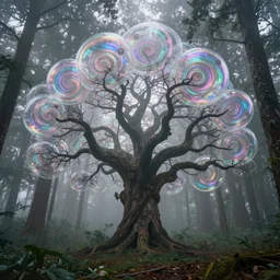 a magical bubble tree forest, with iridescent swirls, spiral tree branches and early morning fog, trending on artstation, 4k