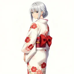 beautiful girl, silver hair, white kimono with complex red flower patterns, full body, looking to camera, showing her shoulder from back, ilustration by (Takehiko Inoue) (and Krenz Cushart)