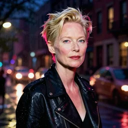 night flash portrait photography of tilda swinton on the lower east side by annie leibovitz, raining!! nighttime!, colorful!,