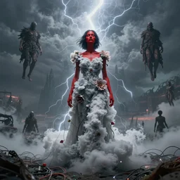 A woman wearing clothes made out of thunder clouds and flowers, people floating in the sky, apocalypse, red skin, Masterpiece, glowing, wires everywhere, by Edgar Maxence and Ross Tran, Zdzisław Beksiński, and Michael Whelan, distant, gustav dore, H.R. Giger, 8k, octane render
