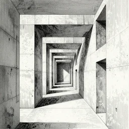 a symmetrical parametric brutalist concrete structure, hallway, insanely detailed and intricate, line art, square inverse law, sketch, drawing, manga, halftone, crosshatch, ink, etching by tsutomu nihei, giovanni battista piranesi, gustave dore