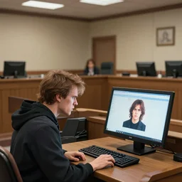 an angry artist suing the computer in court because they think their art is being stolen, court room, trending on Artstation, greg rutkowski