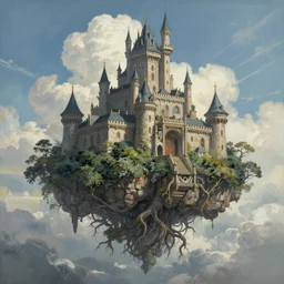a painting of a giant floating castle in the sky with tree roots spreading from the bottom. artstation. painting. high - quality. extremely detailed clouds and foliage