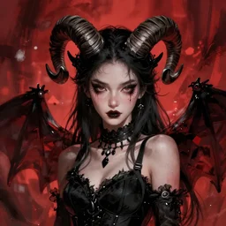 cool and bored looking succubus, portrait of a lady demon all dressed in black, beautiful face and eyes, ram horns on her head, highly detailed, cel shaded, cinematic shot, trending on artstation, blurry red background, high quality, detailed and chaotic background, brush strokes all over, by tom bagshaw and jama jurabaev