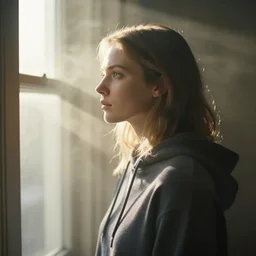 very very beautiful mysterious profile photograph of emily skinner looking like annie leonhart in a hoodie standing next to a window god rays shining on her from the sunlight, volumetric fog, smoke, depth of field, beautiful composition, very very very beautifull face, on artstation and instagram, ray tracing