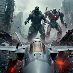 First Person Point view of cockpit in fighter jet between godzilla and the pacific rim robot in the wreckage city in the rain,by Les Edwards，Larry Elmore,angus mckie,James Paick,Ted Nasmith, trending on artstation,8k,Blade Runner 2049,ultra realistic,high detail,golden ratio,cinematic lighting,maximalist