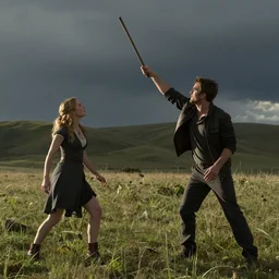 photo of sara michelle gellar throwing a stake into robert pattinson, photography, natural lighting, medium shot,