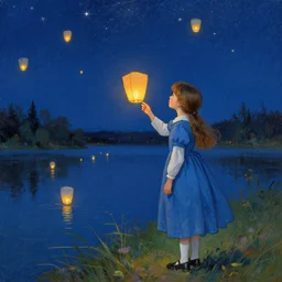 1 8 9 0 s illustration painting of old - fashioned young girl in a blue dress watching lanterns float across a lake at night with a sky full of stars, by tasha tudor
