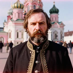 vintage aged analog portrait of a beautiful pale Grigori Rasputin, the Imperial Russia in the background, pink tones, red color bleed, sunshine, film grain