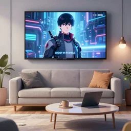 screenshot from synthwave science fiction anime anime anime couch in living room!!!!!, from the anime film ghost in the shell, trending on artstation
