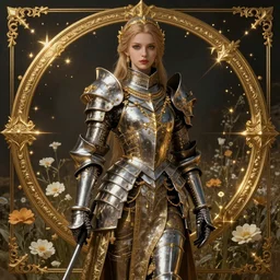 portrait of a Girl Knight standing in the field of flowers,Dark Souls 3 themed, insanely detailed and intricate, golden ratio, elegant, ornate, luxury, elite, ominous, haunting, matte painting, cinematic, cgsociety, James jean, Brian froud, ross tran, Laputa