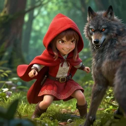 smirking heavily armed little red riding hood getting attacked by a werewolf from behind in a lush green forest, sharp focus, unreal engine 5, digital illustration, volumetric light, highly detailed, intricate, by michael whelan, james gurney, 8 k