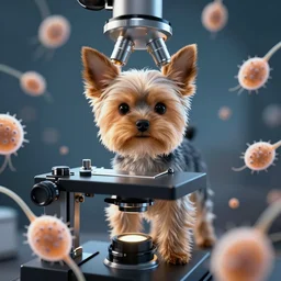 microscopic photo of a tiny yorkie dog under a microscope with amoebas