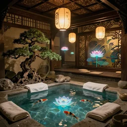 art deco fantasy onsen of japanese inn by greg rutkowski craig mullins mucha ross tran towels cozy hot springs bonsai [ levitating magic lanterns ] holographic lotus and koi, clear focus fantasy d & d cinematic lighting unreal engine lumen trending on artstation